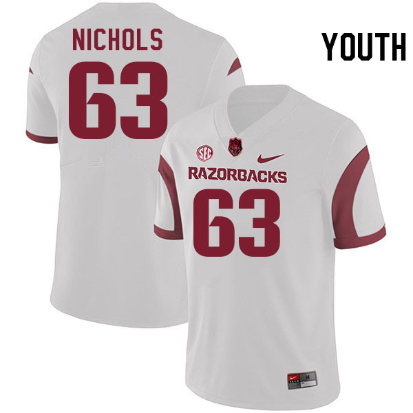 Youth #63 Addison Nichols Arkansas Razorbacks College Football Jerseys Stitched-White